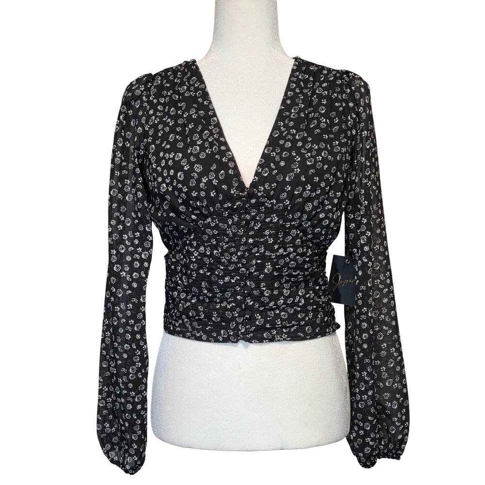 Japna Sheer Floral Smocked Deep V Crop Top Dark Romantic Feminine‎ Womens S NEW